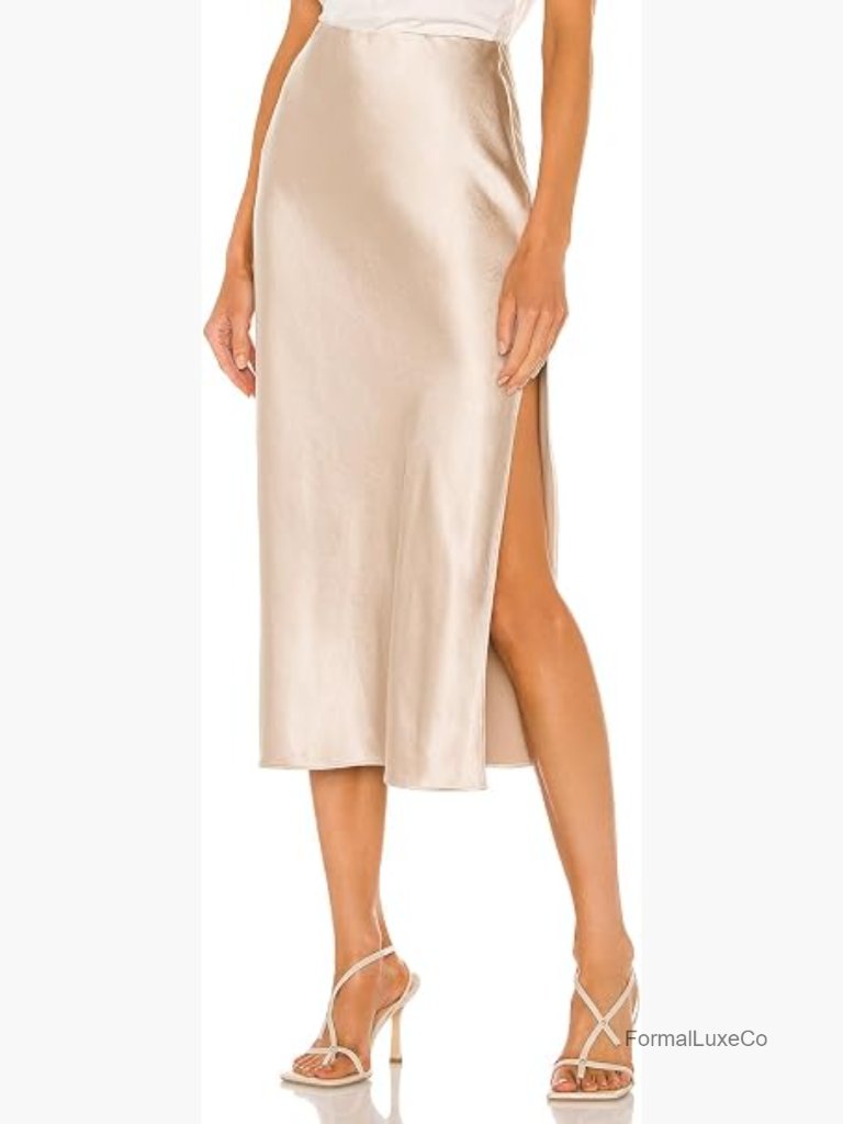 Satin High Waist Slit Midi Skirt Elastic Waistband Flowy Women's